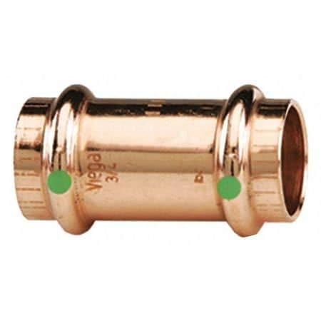 Copper press coupling with two green indicator buttons and stop rings on each end.