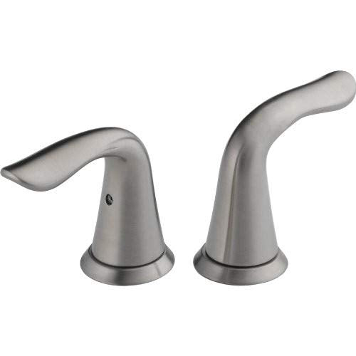 Two stainless steel lever handles with curved spouts and round bases for a two-hole bathroom faucet.