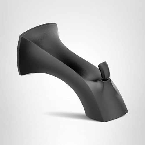 Matte black curved tub spout with diverter lever and slip fit connection fitting.