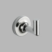 Polished chrome single robe hook with circular wall plate and cylindrical hook arm.