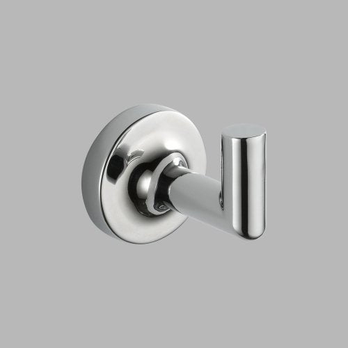 Polished chrome single robe hook with circular wall plate and cylindrical hook arm.