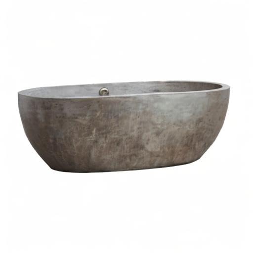 Freestanding oval concrete bathtub in ash gray with integrated drain overflow, shown from side angle.