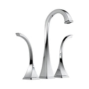 Chrome widespread bathroom faucet with curved spout and dual curved handles on square bases.
