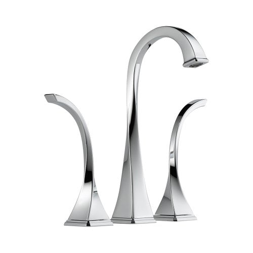 Chrome widespread bathroom faucet with curved spout and dual curved handles on square bases.