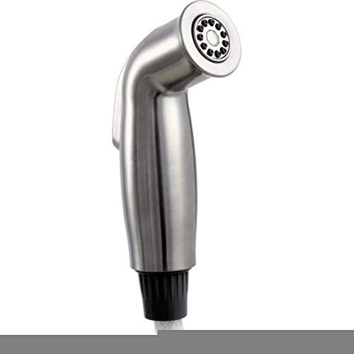 Stainless steel spray assembly with angled head and circular spray face, black grip at base.