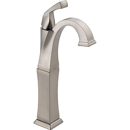 Brushed nickel single-handle bathroom faucet with tall curved spout and angular base.