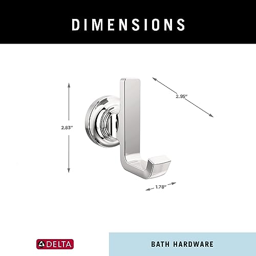 Chrome robe hook with circular back plate and rectangular hook, dimensions labeled showing 2.83" height, 2.96" projection, an