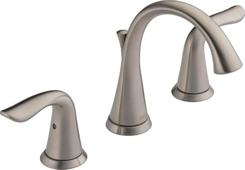 Brushed nickel two-handle widespread bathroom faucet with curved spout and matching handles.