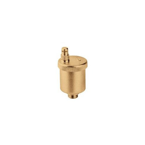Brass automatic air vent with 1/2 inch NPT connections and ribbed cap on cylindrical body.