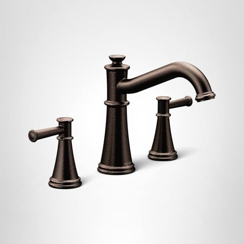 Oil rubbed bronze two-handle deck mounted Roman tub faucet with curved spout and separate handles.