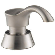 Stainless steel soap dispenser with curved spout and wide conical base.