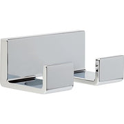 Chrome double robe hook with white rectangular mounting plate and two curved hooks for hanging.