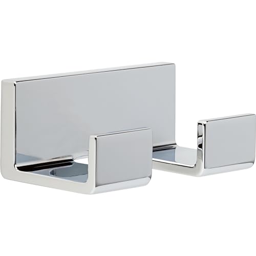 Chrome double robe hook with white rectangular mounting plate and two curved hooks for hanging.