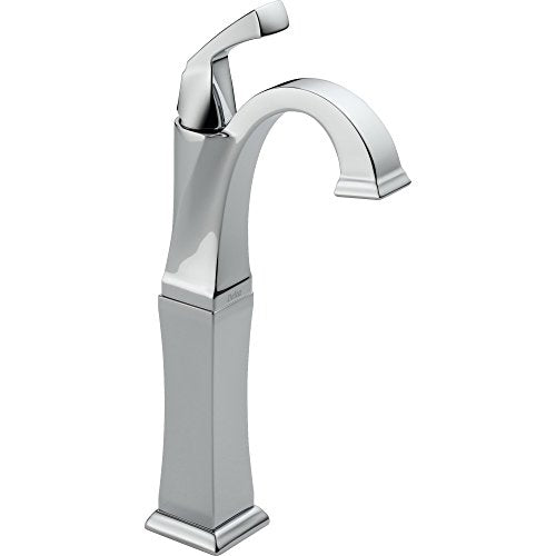 Chrome single-handle bathroom faucet with curved spout and tall tapered base for vessel sinks.