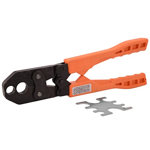 Sharkbite crimping tool with orange handles, black metal head, and interchangeable gray die attachment.