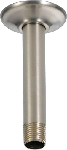 Stainless steel ceiling-mounted shower arm with circular flange and threaded connection.