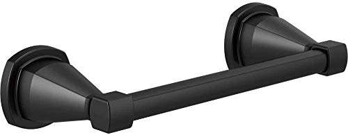 Black metal towel bar with cylindrical mounting flanges on each end, approximately 8 inches wide.
