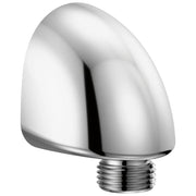 Chrome wall elbow with rounded form and threaded male connector for hand shower attachment.