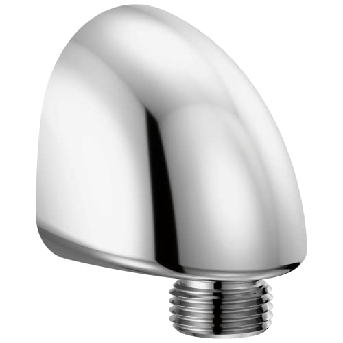 Chrome wall elbow with rounded form and threaded male connector for hand shower attachment.