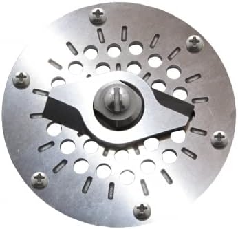 Cast iron grinder pump impeller disc with center hub, mounting holes, and black outlet valve lever.