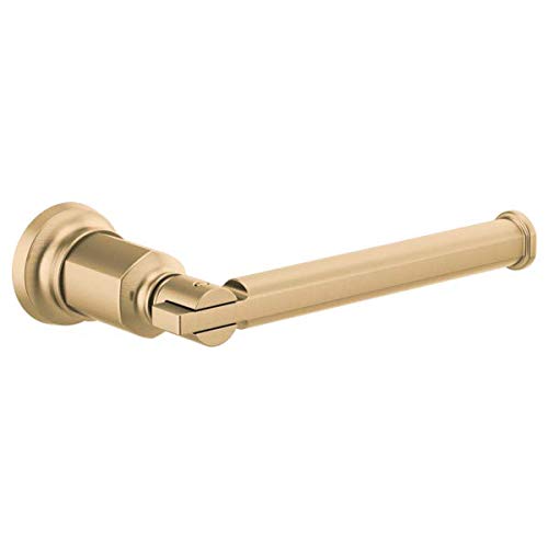Brushed champagne bronze tissue holder with cylindrical bar and circular mounting plate.