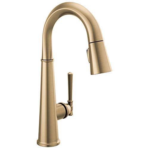 Champagne bronze single-handle pull-down kitchen faucet with curved spout and side lever control.