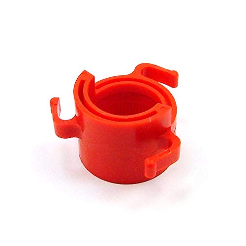 Red plastic fitting ring with clips and hollow center for plumbing connections.