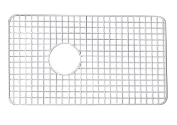 Stainless steel wire grid with square mesh pattern and circular drain hole cutout for kitchen sink.