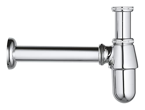 Chrome waste trap with 1 1/4-inch connection, featuring horizontal pipe and curved lower chamber for basin drainage.