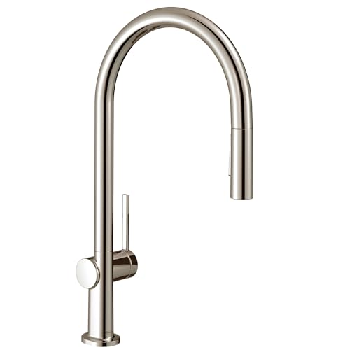 Polished nickel high-arc kitchen faucet with pull-down sprayer and single lever handle.