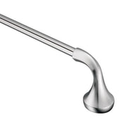 Chrome towel bar with curved cylindrical rod and tapered end bracket on white background.