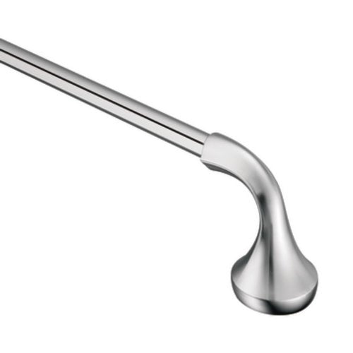 Chrome towel bar with curved cylindrical rod and tapered end bracket on white background.