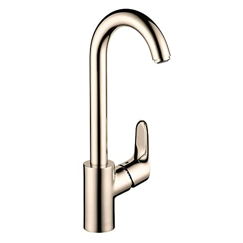 Polished nickel single-handle bar faucet with curved spout and lever handle.