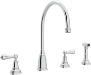 Polished chrome two-handle kitchen faucet with tall curved spout, lever handles, and separate side spray.