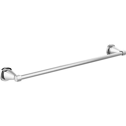 Chrome towel bar with rounded end caps mounted horizontally on white background.