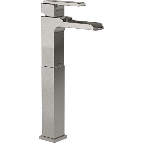 Brushed nickel single-handle vessel faucet with tall square body and curved spout.