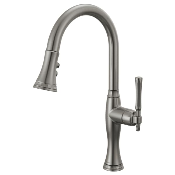 Stainless steel pull-down kitchen faucet with curved spout, single lever handle, and spray head.