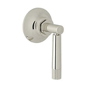 Polished nickel volume control and diverter trim with round backplate and lever handle.