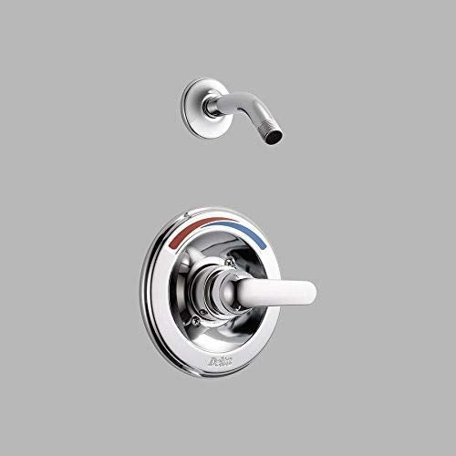 Chrome shower valve trim with single lever handle and separate shower arm with round escutcheon plate.