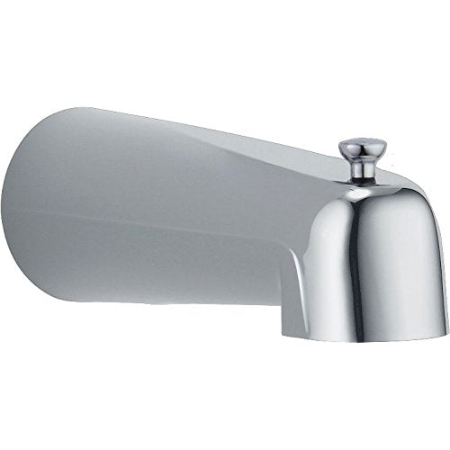 Chrome tub spout with pull-up diverter and extended spout for bathtub wall mount installation.
