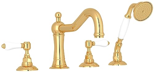 Rohl Acqui 4-hole deck mount tub filler in Italian brass with curved spout, two handles, and handheld showerhead.