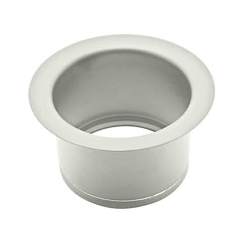Satin nickel disposal flange with wide rim and recessed cylindrical opening for sink installation.