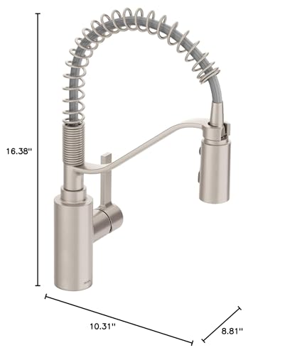Moen Genta LX stainless steel spring kitchen faucet with single handle and pre-rinse spray, 16.38" height.