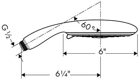 Brushed nickel handheld showerhead with angled head, showing 60-degree adjustment angle and dimensions of 6.25 inches length 