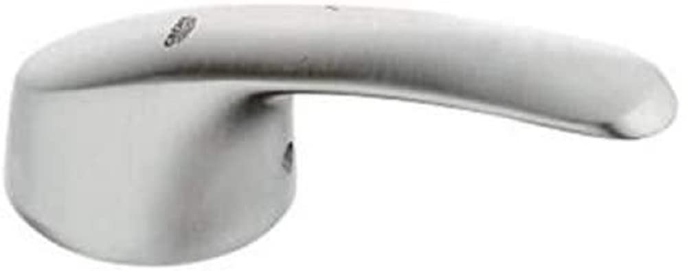 Brushed stainless steel faucet lever with curved handle and circular base mounting plate.