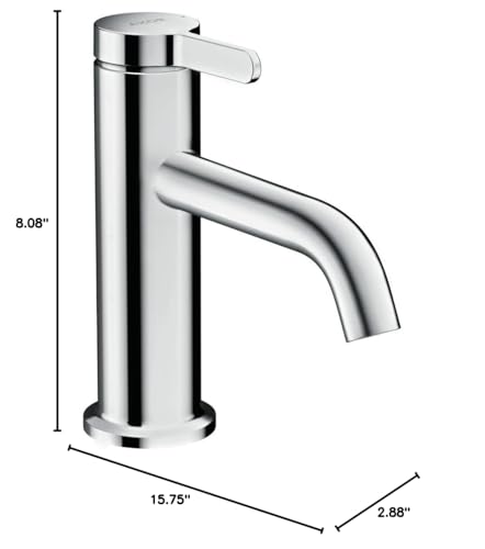 Chrome single-hole bathroom faucet with cylindrical body, curved spout, and lever handle, 8.08 inches tall.