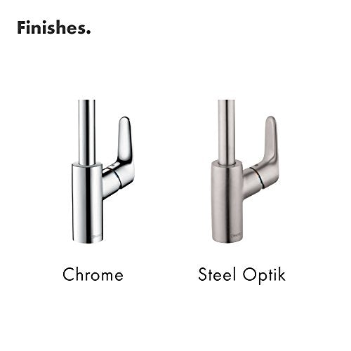 Chrome and Steel Optik kitchen faucet finishes shown side by side for comparison.