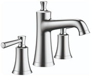 Chrome widespread bathroom faucet with two handles, curved spout, and tapered cylindrical bodies.
