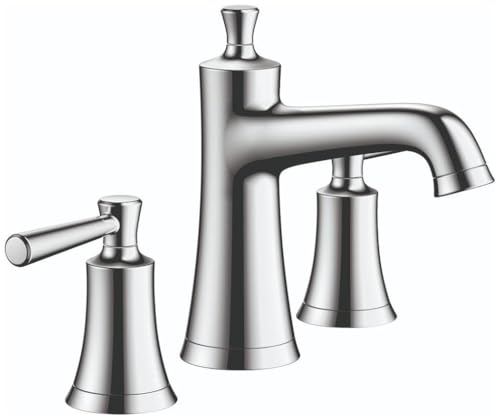 Chrome widespread bathroom faucet with two handles, curved spout, and tapered cylindrical bodies.