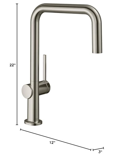 Stainless steel U-shaped kitchen faucet with single lever handle and tall arched spout, 22 inches high.